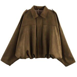 Oversized Faux Suede Bomber Jacket with Lapel Collar Streetwear
